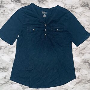 Croft & Barrow Short Sleeve 1/4 Button Shirt Black Pockets Women M Workwear Boho